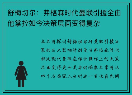 舒梅切尔：弗格森时代曼联引援全由他掌控如今决策层面变得复杂